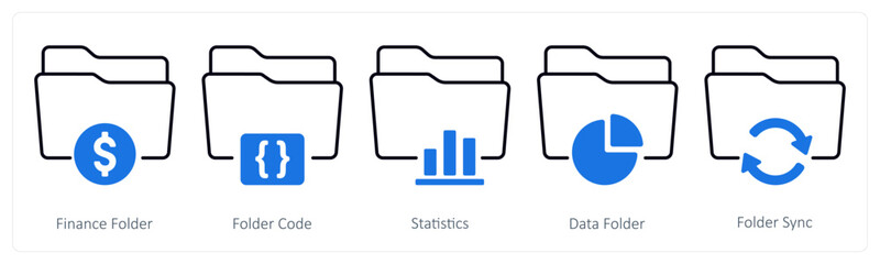 A set of 5 mix icons as finance folder, folder code, statistics