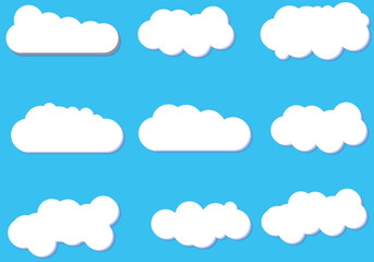 Flat Clouds Design set. Clouds for cartoons, social posts, and single uses. White clouds in Blue sky.