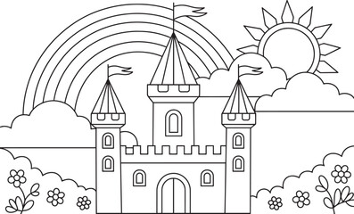Cute Fairytale Castle with Rainbow Coloring Page for Kids, Castle Coloring, Rainbow Castle, Fairytale Castle, Cute Castle Scene, Kids Coloring Page, Fantasy Castle