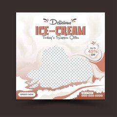 Delicious Ice Cream Summer Cool Social Media Promotion Ads Poster Flyer Leaflet Web Banner Cover Design Vector Illustration, Food Menu Vector Template. Chocolate Coated Ice Cream Cone Vanilla Filling