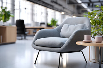 A modern office space with a comfortable armchair, inviting a moment of rest.