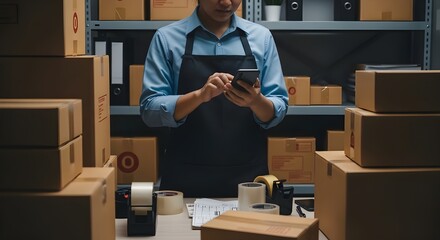 Man in apron using smartphone surrounded by cardboard boxes in a warehouse setting, possibly managing online orders.
