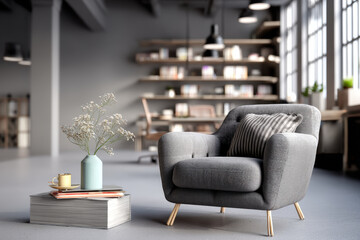 A stylish gray armchair with a striped pillow is in a modern living space with natural light.