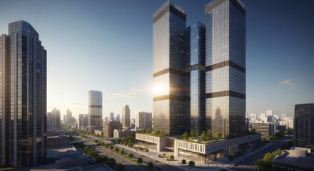 Obraz premium Modern Twin Skyscrapers in Urban Setting.