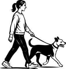 Woman walking dog. Cute puppy on leash and pet owner strolling on street.Pet Companion Vector Illustration isolated on white background.