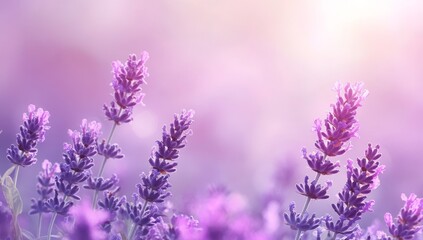 Lavender field in soft focus, vibrant purple blossoms, sunlight, idyllic garden