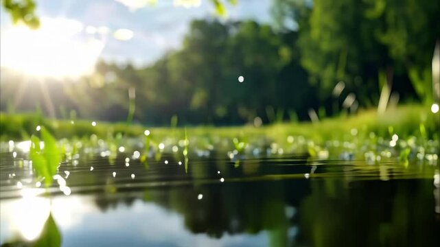 A tranquil scene of a pond with gentle ripples, surrounded by green plants and sunlight filtering through trees.
