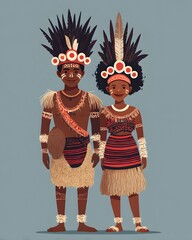 A beautiful woman in a red traditional dress and a man in a warrior costume dance together, a cartoon illustration of a couple at a carnival