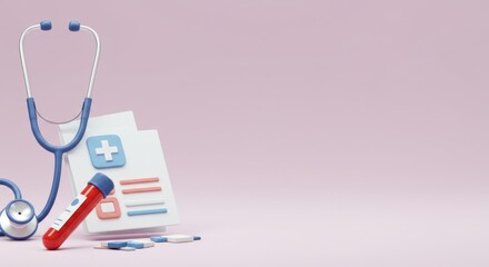Medical Healthcare 3D Render: Stethoscope, Medical Report, Blood Test Tube, and Pills on Pink Background