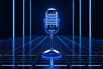 Retro Microphone Neon Blue Aesthetic: Vintage Mic on Futuristic Grid Background, Podcast Recording Studio, Music Production, Audio Equipment
