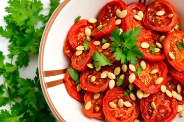 Roasted Cherry Tomatoes with Pine Nuts and Parsley in Bowl | Healthy Vegetarian Appetizer | Mediterranean Cuisine Still Life