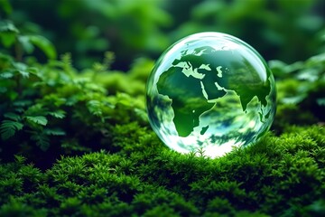 Crystal Globe Earth on Green Moss: Environmental Awareness, Sustainability, Nature Photography, Eco-Friendly, Earth Day Concept