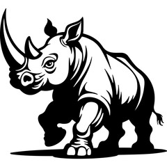Fototapeta premium Sketchy emblem of Running angry rhinoceros front side view. Engraving minimalistic vector in black ink drawing on transparent background