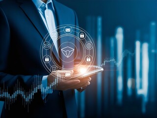 Cybersecurity Professional Analyzing Data on Tablet: Business Man in Suit with Security Icons and Financial Charts, Risk Management Concept