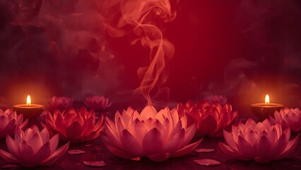 Serene Pink Lotus Flowers and Incense Smoke with Glowing Diyas on Red Background