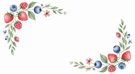 Happy summer text set vector icon with colorful hand-drawn berries forming a corner floral decoration