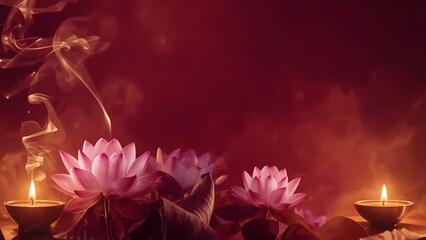 Serene Pink Lotus Flowers with Candle Flames and Rising Incense Smoke on Red Background