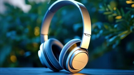 A pair of stylish over-ear headphones with a sleek design and glowing accents, placed on a surface with a blurred background.
