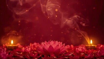 Serene Pink Lotus Flowers with Candle Flames and Rising Incense Smoke on Red Background