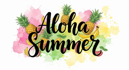 Happy summer text set vector icon with “Aloha Summer” phrase and watercolor floral background