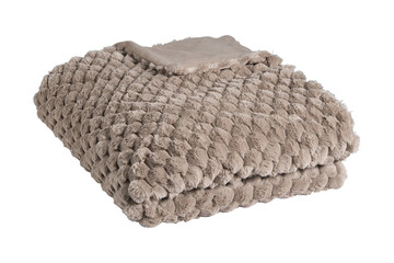 Soft textured taupe faux fur throw blanket folded isolated on transparent background