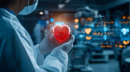A scientist wearing protective gear holds a glowing digital heart, surrounded by futuristic medical data and heart rate monitors in a high-tech lab.