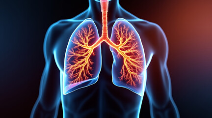 CO2 Levels concept ,Human lungs anatomy glowing inside chest with bronchi and trachea detailed view