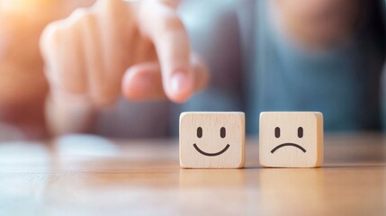 A hand is poised to flip a wooden block displaying a happy face, next to another block with a sad face, symbolizing choice, emotions, and mood.