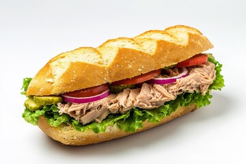 Fresh Tuna Sandwich on Baguette Against White Background
