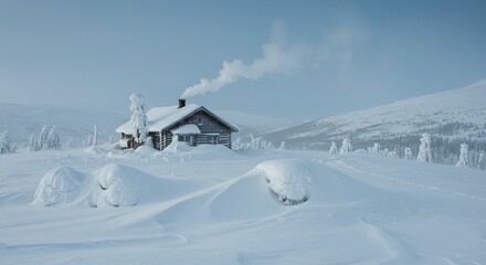 Snowy cabin in winter landscape