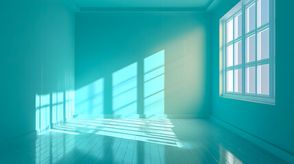 Empty room with light blue walls and window shadows, creating a minimalist yet elegant space.
