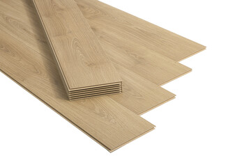 Single light brown oak wood flooring plank with natural grain texture isolated on transparent...