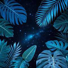 Tropical Dreams: Blue Foliage Collection Against a Cosmic Backdrop