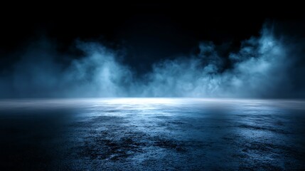 Fototapeta premium Abstract dark background with blue mist and light illuminating a textured surface in a studio setting