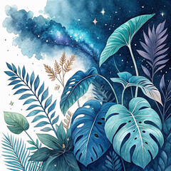 Tropical Dreams: Blue Foliage Collection Against a Cosmic Backdrop