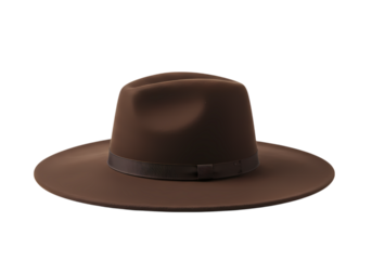 A Brown Wool Fedora Hat with Decorative Band isolated on transparent background
