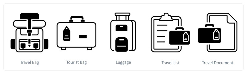 A set of 5 mix icons as travel bag, tourist bag luggage