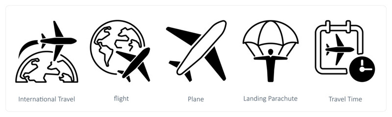 A set of 5 mix icons as international travel, flight, plane