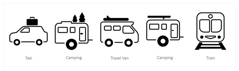 Fototapeta premium A set of 5 mix icons as taxi, camping, travel van