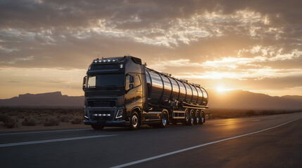 Truck with an oversized stainless steel tank on the side is driving along a wide road.