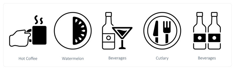 A set of 5 mix icons as hot coffee, watermelon, beverages