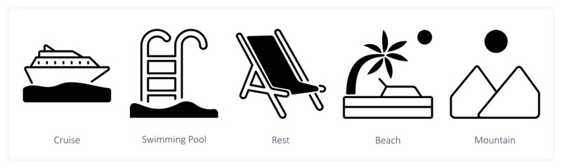 A set of 5 mix icons as cruise, swimming pool, rest