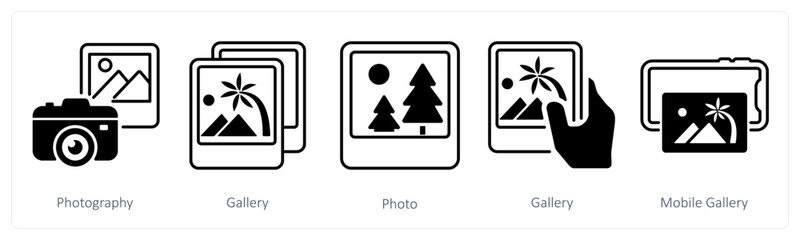 A set of 5 mix icons as photography, gallery, photo