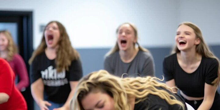 A group of young college students and classmates performing improv during drama class