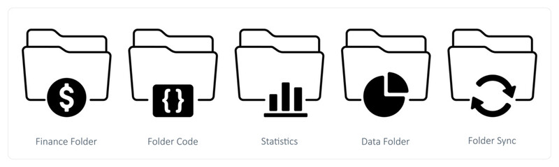 A set of 5 mix icons as finance folder, folder code, statistics