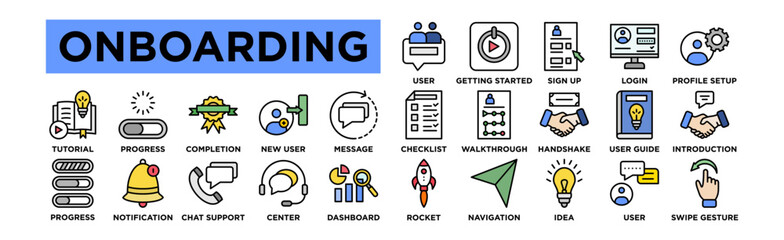  Onboarding icon set. Editable Stroke Icon Collection. User Welcome, Getting Started, Sign Up, Login, Profile Setup, Checklist, Walkthrough, Handshake, User Guide, Introduction, Tutorial, Progress Bar