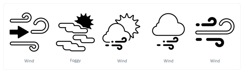 A set of 5 mix icons as wind, foggy, air