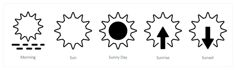 A set of 5 mix icons as morning, sun, sunny day