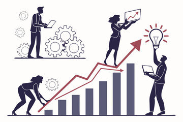 Business Startup Silhouettes — Laptop, Presenting, Climbing Growth Arrow, Launch Pose, Team Collaboration for Corporate Brands