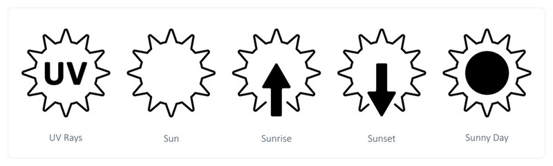 A set of 5 mix icons as uv rays, sun, sunrise